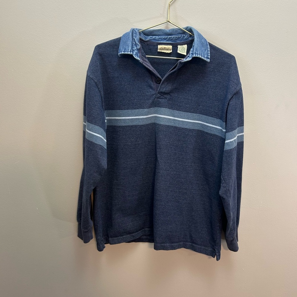 Classic Navy Polo Shirt with Gray Stripes and Soft Cotton Fabric
